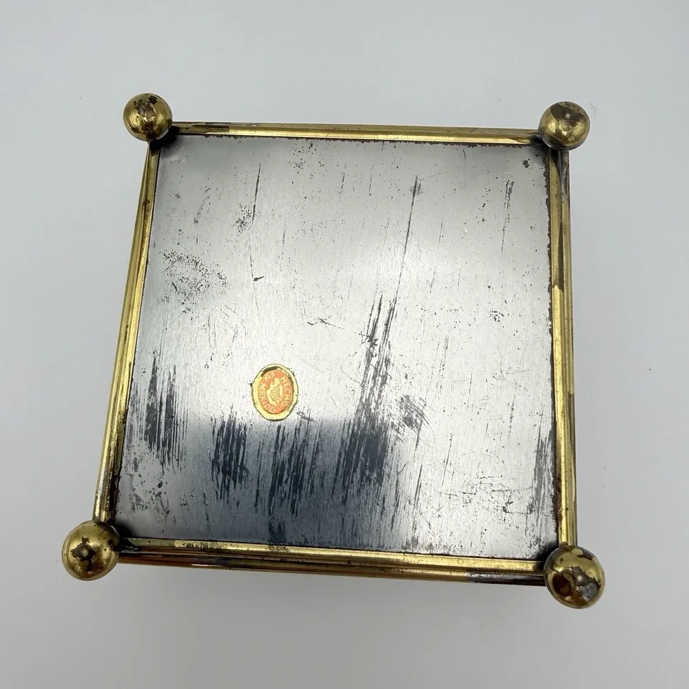 Mirrored Glass Jewelry Box Brass Trinket Etched Flower Lid Storage Display 4x4x2